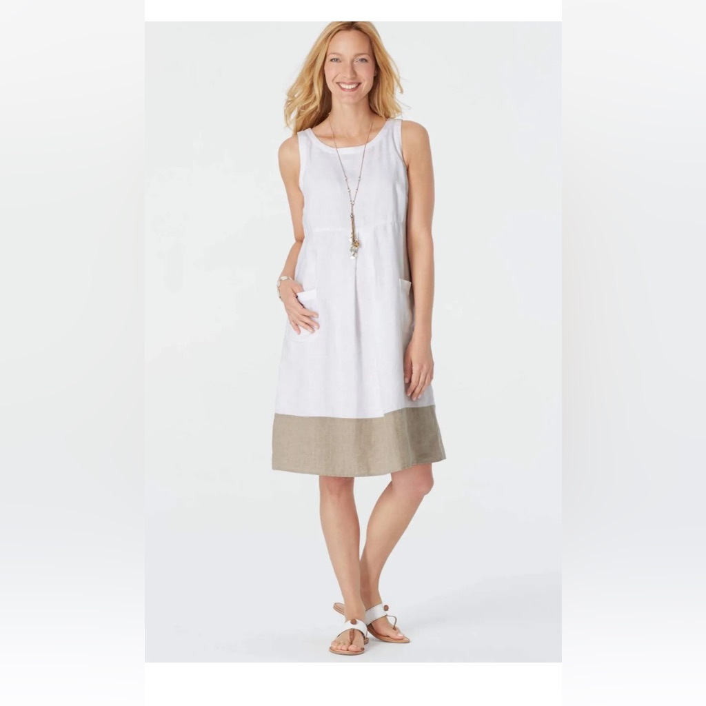 J.Jill Linen White Beige Short Sleeve Packets Mini Summer Beach Lagenlook Dress